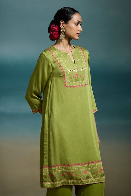 Shop_Dressfolk_Green Modal, Satin Embroidery, Sequins Split Kiyana Placement Print Kurta Set_Online_at_Aza_Fashions