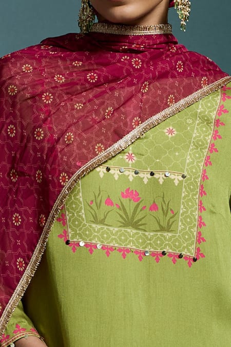 Buy_Dressfolk_Green Modal, Satin Embroidery, Sequins Split Kiyana Placement Print Kurta Set