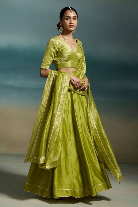 Shop_Dressfolk_Green Chanderi Zari V-neck Rasmiya Woven Lehenga Set_Online_at_Aza_Fashions