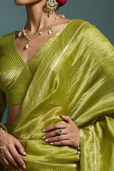 Shop_Dressfolk_Green Chanderi Zari V-neck Rasmiya Woven Lehenga Set