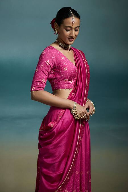 Dressfolk_Fuchsia Modal, Satin, Chanderi Pearls, Embroidery, Hridaya Printed Lehenga Set_Online_at_Aza_Fashions