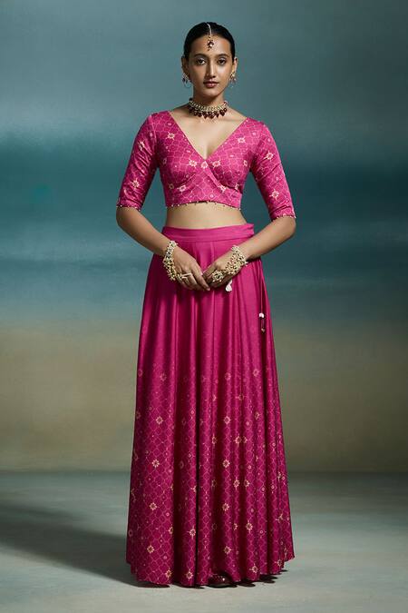 Buy_Dressfolk_Fuchsia Modal, Satin, Chanderi Pearls, Embroidery, Hridaya Printed Lehenga Set_Online_at_Aza_Fashions