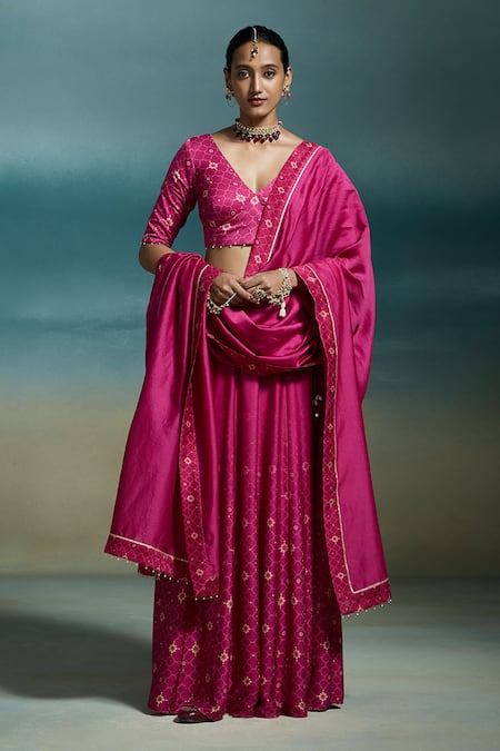 Dressfolk_Fuchsia Modal, Satin, Chanderi Pearls, Embroidery, Hridaya Printed Lehenga Set_at_Aza_Fashions