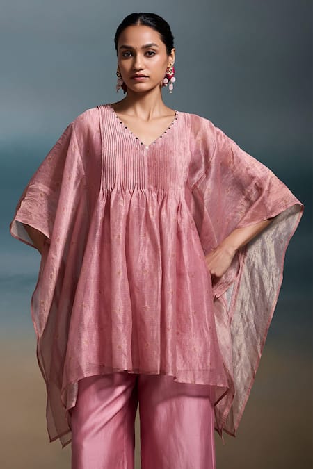 Dressfolk_Pink Chanderi Embroidery, Sequins V-neck Mishti Pleated Kaftan With Pant_Online_at_Aza_Fashions