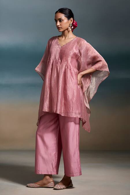 Buy_Dressfolk_Pink Chanderi Embroidery, Sequins V-neck Mishti Pleated Kaftan With Pant_Online_at_Aza_Fashions