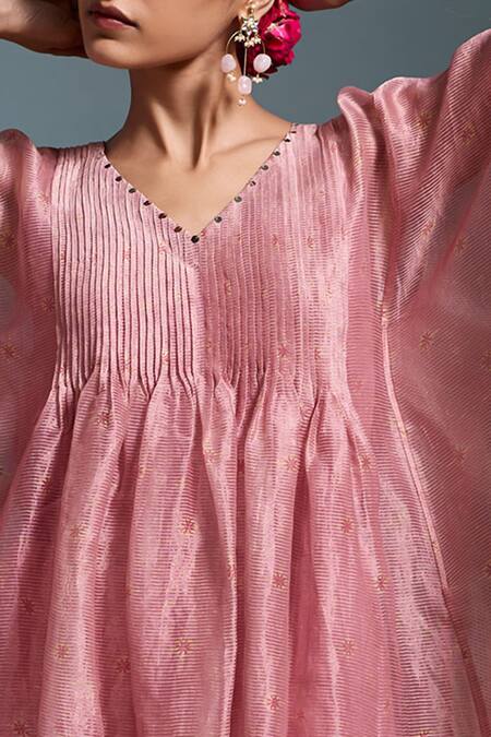 Shop_Dressfolk_Pink Chanderi Embroidery, Sequins V-neck Mishti Pleated Kaftan With Pant_Online_at_Aza_Fashions