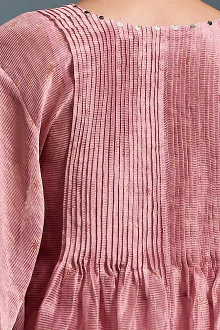 Dressfolk_Pink Chanderi Embroidery, Sequins V-neck Mishti Pleated Kaftan With Pant_at_Aza_Fashions