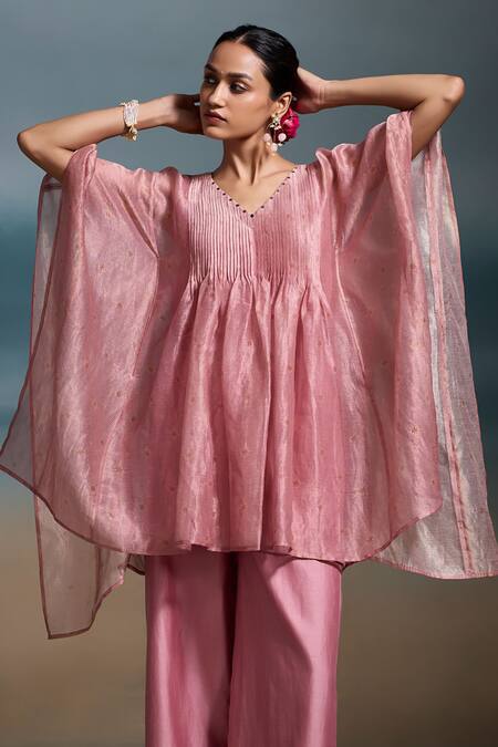 Buy_Dressfolk_Pink Chanderi Embroidery, Sequins V-neck Mishti Pleated Kaftan With Pant