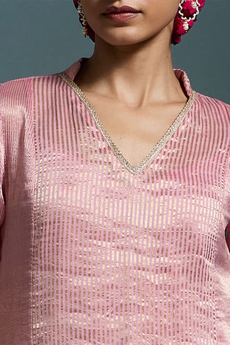 Dressfolk Pink Chanderi Zari V-neck Anandita Kurta Sharara Set Online at Aza Fashions Dressfolk_Pink Chanderi Zari V-neck Anandita Kurta Sharara Set_Online_at_Aza_Fashions