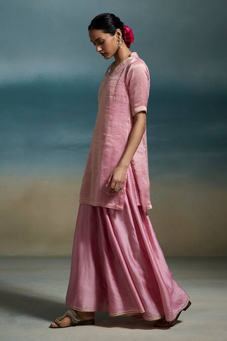 Shop Dressfolk Pink Chanderi Zari V-neck Anandita Kurta Sharara Set at Aza Fashions Shop_Dressfolk_Pink Chanderi Zari V-neck Anandita Kurta Sharara Set_at_Aza_Fashions