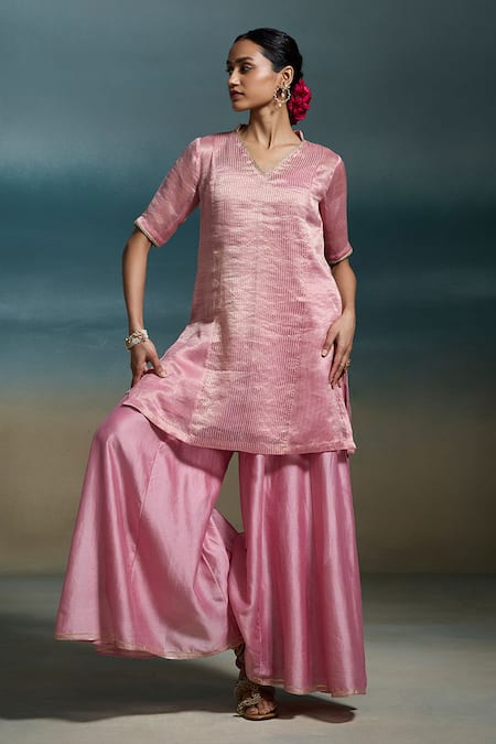 Shop Dressfolk Pink Chanderi Zari V-neck Anandita Kurta Sharara Set Online at Aza Fashions Shop_Dressfolk_Pink Chanderi Zari V-neck Anandita Kurta Sharara Set_Online_at_Aza_Fashions