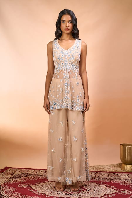 Alaya Advani_Beige Net Embroidery, Beads V-neck Floral Hand Peplum Kurta Sharara Set _Online_at_Aza_Fashions