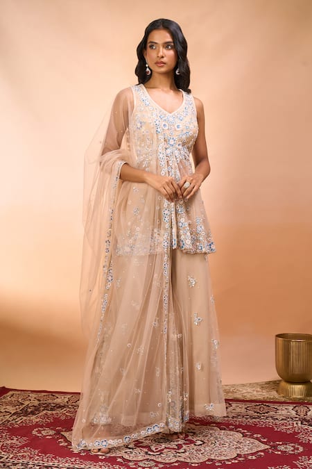 Buy_Alaya Advani_Beige Net Embroidery, Beads V-neck Floral Hand Peplum Kurta Sharara Set _Online_at_Aza_Fashions