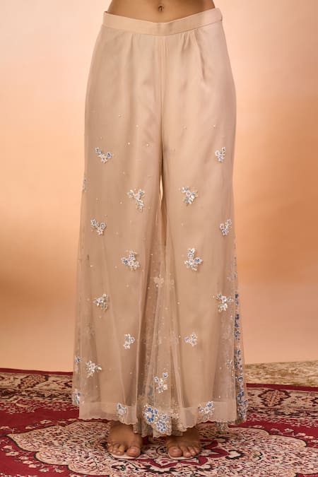 Shop_Alaya Advani_Beige Net Embroidery, Beads V-neck Floral Hand Peplum Kurta Sharara Set _Online_at_Aza_Fashions
