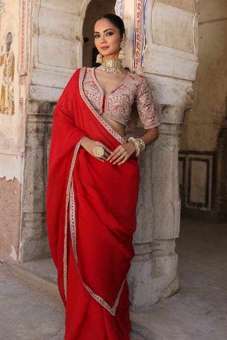 Amoree by Shikha Chaudhry_Red Organza, Silk Embroidery, Zari, Mirrors Laal Surakh Saree And Blouse Set _Online_at_Aza_Fashions