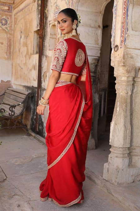 Amoree india Laal Surakh Embroidered Saree & Blouse Set 