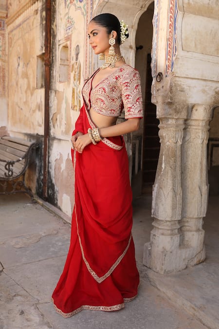 Buy_Amoree by Shikha Chaudhry_Red Organza, Silk Embroidery, Zari, Mirrors Laal Surakh Saree And Blouse Set _Online_at_Aza_Fashions