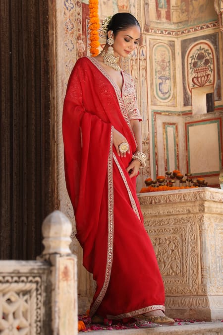 Amoree by Shikha Chaudhry_Red Organza, Silk Embroidery, Zari, Mirrors Laal Surakh Saree And Blouse Set _at_Aza_Fashions