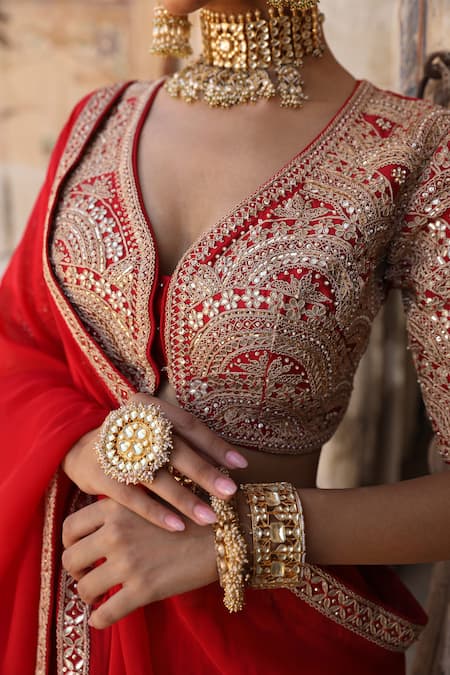 Buy_Amoree by Shikha Chaudhry_Red Organza, Silk Embroidery, Zari, Mirrors Laal Surakh Saree And Blouse Set 