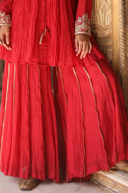 Amoree by Shikha Chaudhry_Red Silk, Handloom Cotton Embroidery Collared Ruhani Kurta Sharara Set _Online_at_Aza_Fashions