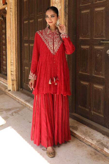 Buy_Amoree by Shikha Chaudhry_Red Silk, Handloom Cotton Embroidery Collared Ruhani Kurta Sharara Set _Online_at_Aza_Fashions