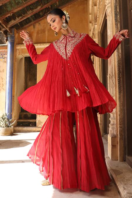 Shop_Amoree by Shikha Chaudhry_Red Silk, Handloom Cotton Embroidery Collared Ruhani Kurta Sharara Set _Online_at_Aza_Fashions