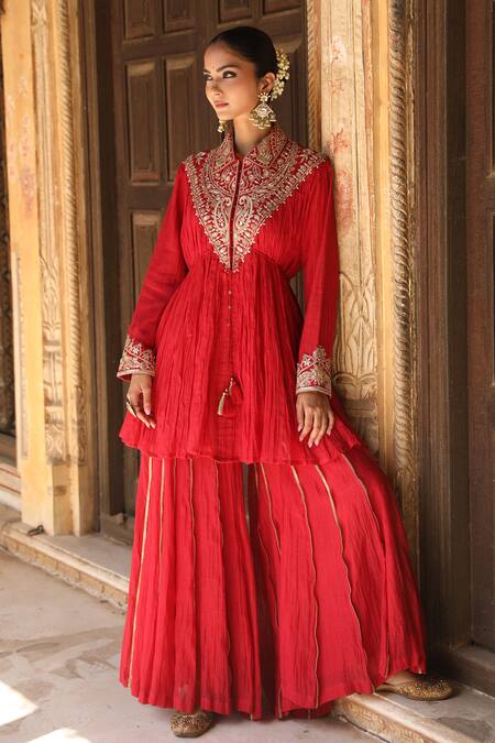 Amoree by Shikha Chaudhry_Red Silk, Handloom Cotton Embroidery Collared Ruhani Kurta Sharara Set _at_Aza_Fashions