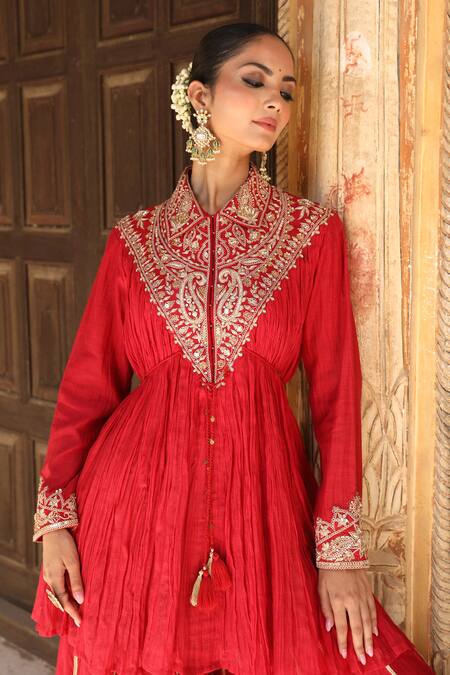 Buy_Amoree by Shikha Chaudhry_Red Silk, Handloom Cotton Embroidery Collared Ruhani Kurta Sharara Set 