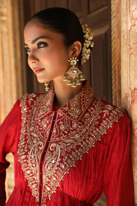Shop_Amoree by Shikha Chaudhry_Red Silk, Handloom Cotton Embroidery Collared Ruhani Kurta Sharara Set 