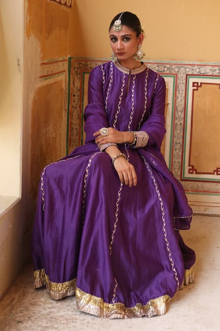 Shop_Amoree by Shikha Chaudhry_Purple Silk Embroidery, Gota Patti, Zari Keyhole Kundan Anarkali With Dupatta _Online_at_Aza_Fashions