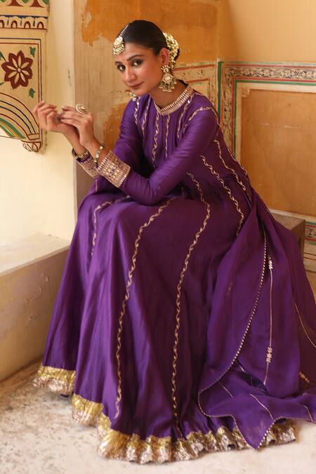 Amoree by Shikha Chaudhry_Purple Silk Embroidery, Gota Patti, Zari Keyhole Kundan Anarkali With Dupatta _at_Aza_Fashions