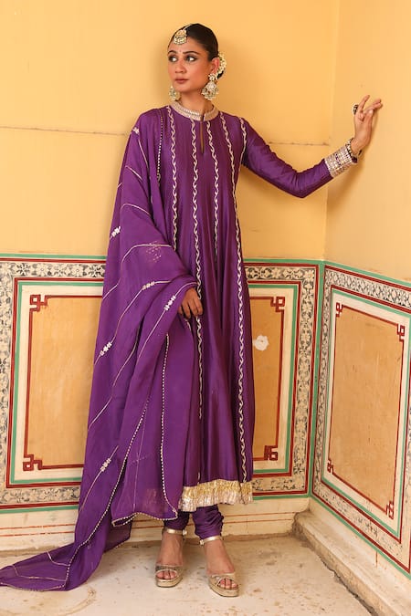 Amoree india Purple Silk Embroidery, Gota Patti, Zari Keyhole Kundan Anarkali With Dupatta 