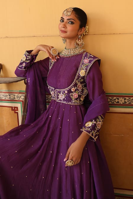 Buy_Amoree by Shikha Chaudhry_Purple Silk Embroidery, Zari Round Neck Kashni Anarkali Set _Online_at_Aza_Fashions