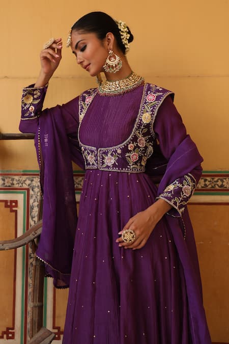 Shop_Amoree by Shikha Chaudhry_Purple Silk Embroidery, Zari Round Neck Kashni Anarkali Set _Online_at_Aza_Fashions