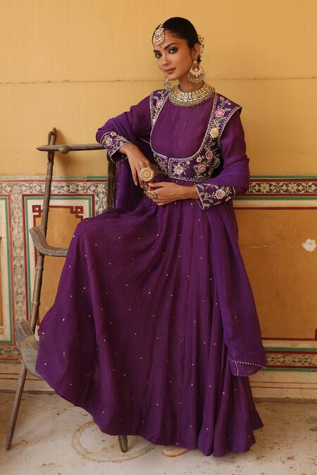 Amoree by Shikha Chaudhry_Purple Silk Embroidery, Zari Round Neck Kashni Anarkali Set _at_Aza_Fashions