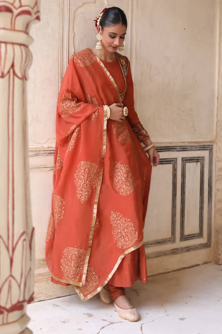 Amoree by Shikha Chaudhry_Rust Silk Embroidery, Zari, Stones, Foil Printing, Beads Jacket And Anarkali Set _Online_at_Aza_Fashions