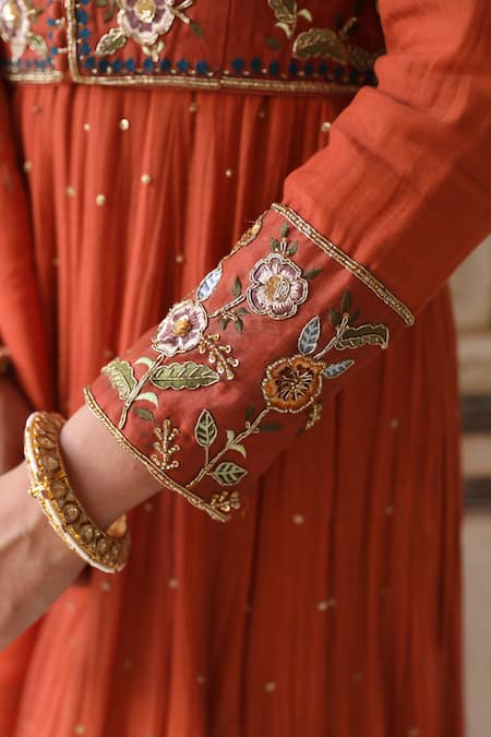 Buy_Amoree by Shikha Chaudhry_Rust Silk Embroidery, Zari, Stones, Foil Printing, Beads Jacket And Anarkali Set _Online_at_Aza_Fashions
