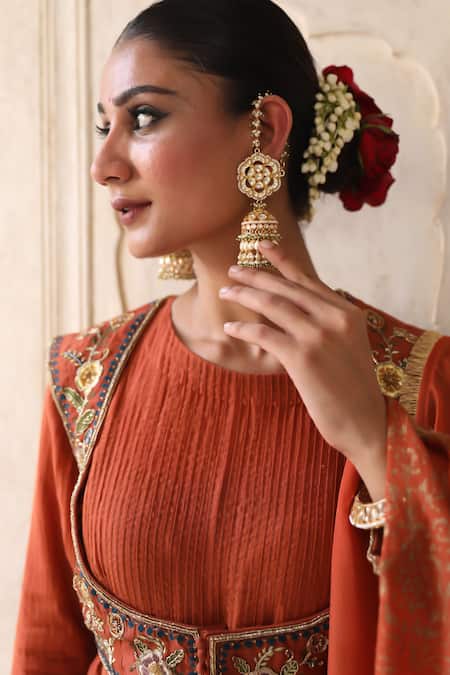 Shop_Amoree by Shikha Chaudhry_Rust Silk Embroidery, Zari, Stones, Foil Printing, Beads Jacket And Anarkali Set _Online_at_Aza_Fashions