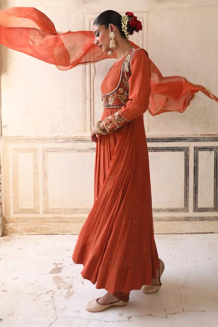 Amoree by Shikha Chaudhry_Rust Silk Embroidery, Zari, Stones, Foil Printing, Beads Jacket And Anarkali Set _at_Aza_Fashions