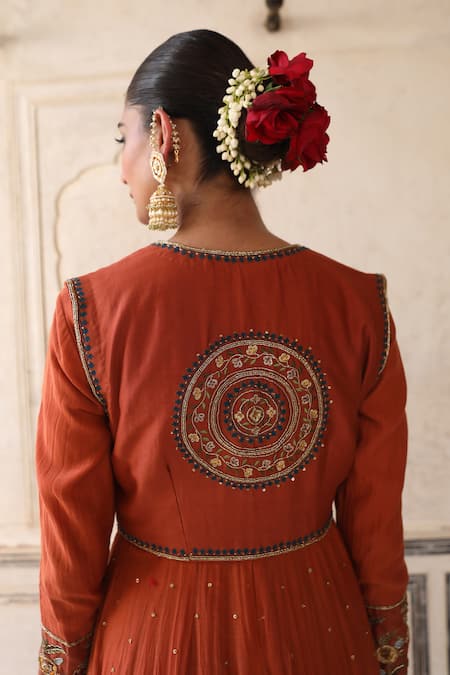 Buy_Amoree by Shikha Chaudhry_Rust Silk Embroidery, Zari, Stones, Foil Printing, Beads Jacket And Anarkali Set 
