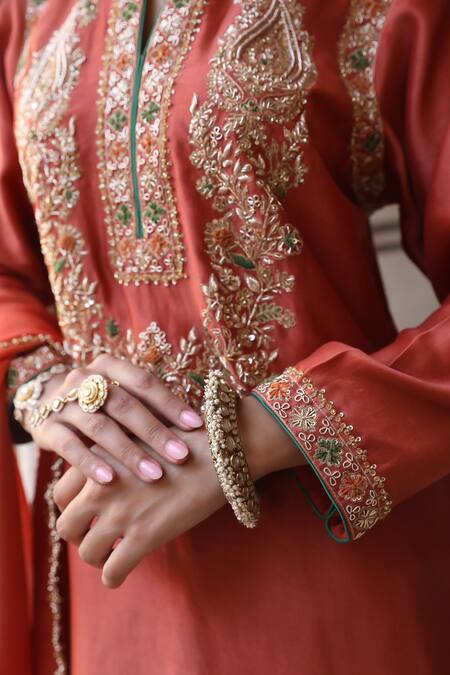 Amoree by Shikha Chaudhry_Rust Silk Embroidery, Zari, Gota Patti Split V-neck Sahiba Kurta Set _Online_at_Aza_Fashions