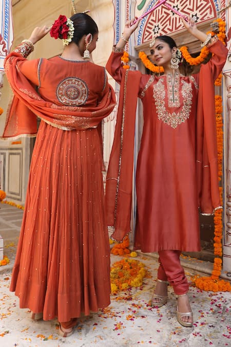 Shop_Amoree by Shikha Chaudhry_Rust Silk Embroidery, Zari, Gota Patti Split V-neck Sahiba Kurta Set _Online_at_Aza_Fashions