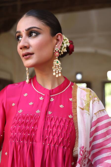 Buy_Amoree by Shikha Chaudhry_Pink Silk Embroidery, Foil Printing, Zari Mandarin Collar Laxmi Rani Suit Set _Online_at_Aza_Fashions