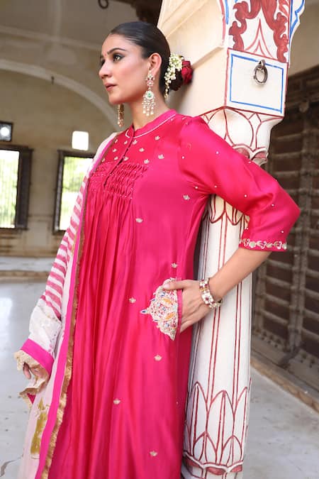 Shop_Amoree by Shikha Chaudhry_Pink Silk Embroidery, Foil Printing, Zari Mandarin Collar Laxmi Rani Suit Set _Online_at_Aza_Fashions