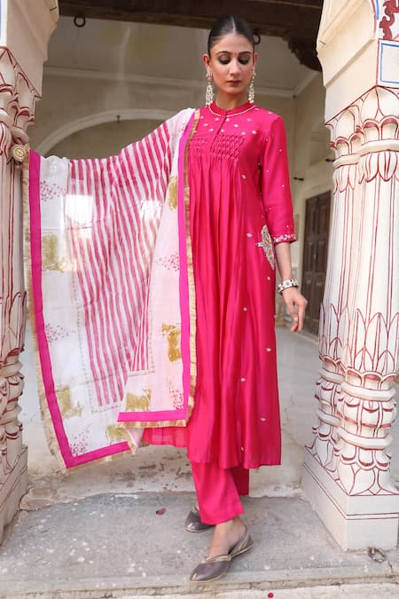 Shop_Amoree by Shikha Chaudhry_Pink Silk Embroidery, Foil Printing, Zari Mandarin Collar Laxmi Rani Suit Set 