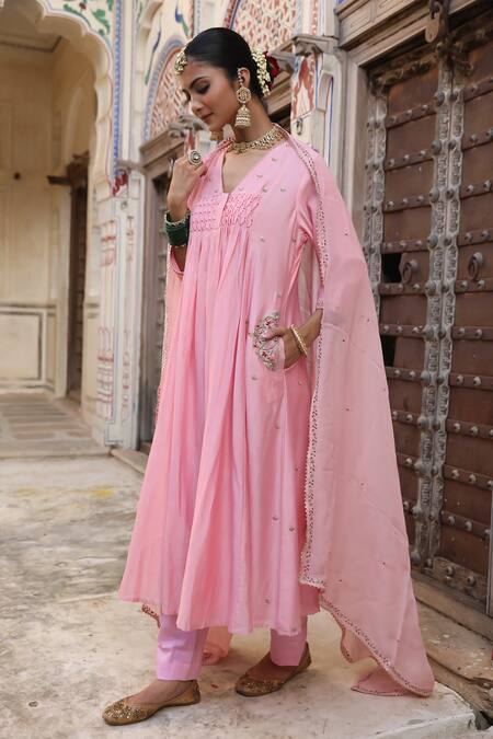 Shop_Amoree by Shikha Chaudhry_Pink Silk Embroidery, Zari V-neck Laxmi Suit Set _Online_at_Aza_Fashions
