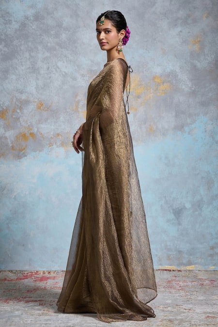 Dressfolk_Gold Tissue Zari Krissha Pre-draped Saree With Unstitched Blouse Piece_Online_at_Aza_Fashions