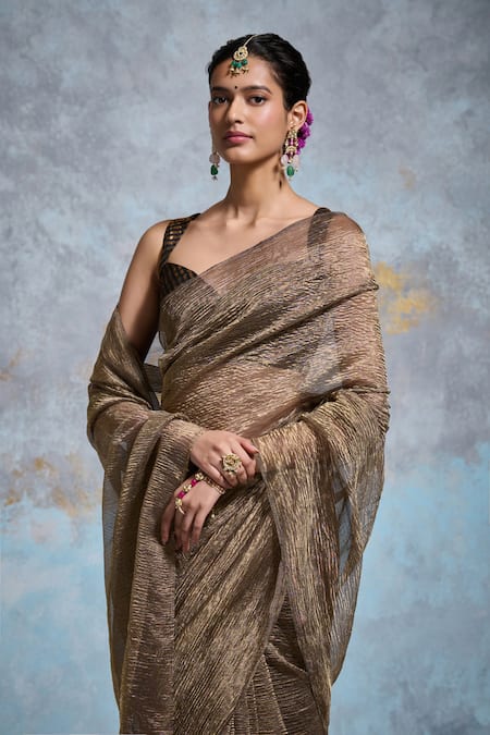 Buy_Dressfolk_Gold Tissue Zari Krissha Pre-draped Saree With Unstitched Blouse Piece_Online_at_Aza_Fashions