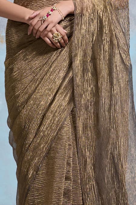 Shop_Dressfolk_Gold Tissue Zari Krissha Pre-draped Saree With Unstitched Blouse Piece_Online_at_Aza_Fashions