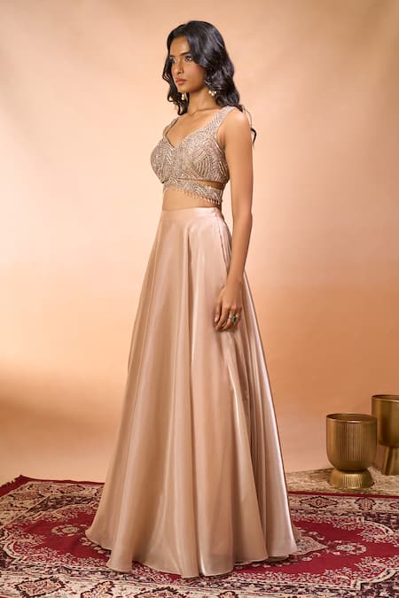 Buy_Alaya Advani_Beige Satin, Organza, Net Beads, Embroidery, Ruffles Lehenga Set Eith Dupatta _Online_at_Aza_Fashions